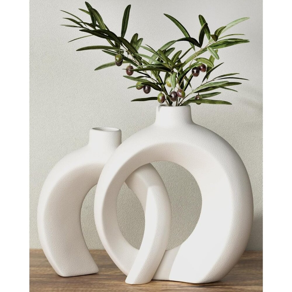 7.2″Hx8.9″H Donut Shape Decorative Vase Set of 2 Ceramic Modern Minimalism Style - Picture 1 of 6